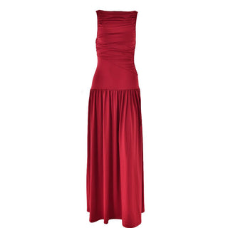 Ruched solid crewneck sleeveless maxi dress