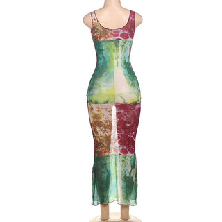 Sheer mesh ruffle square neck print tank maxi dress