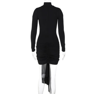 High neck long sleeve ruched hollow out cut out mini dress