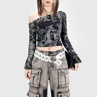 Long flared sleeve irregular tie dye one shoulder top