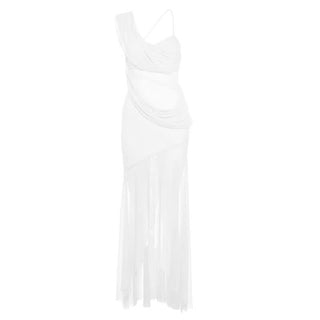 Irregular mesh v neck ruched solid cami maxi dress