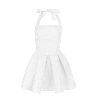 Halter smocked ruched square neck print mini dress