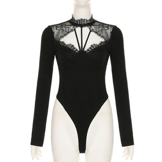 Long sleeve lace hem hollow out bodysuit