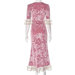 Lace hem v neck flower print velvet maxi dress