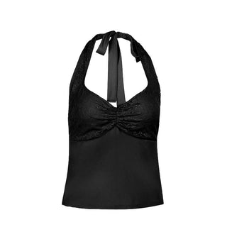 Halter self tie lace v neck ruched backless top