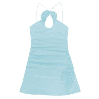 Ruched flower applique hollow out backless slit cut out mini dress