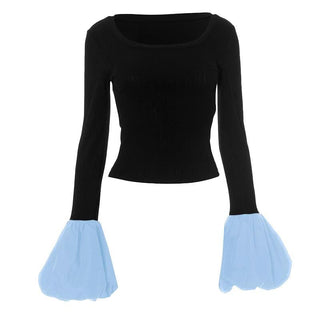 Long puff sleeve round neck ribbed ruched top