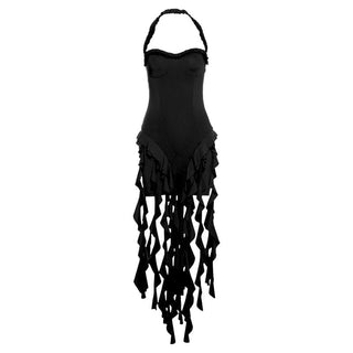 Halter ruffle sweetheart neck solid midi dress