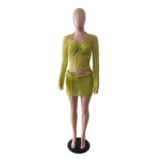 Glitter knitted long sleeve hollow out 3 piece mini skirt set