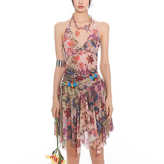 Halter self tie ruched print mesh v neck mini dress