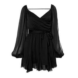 Long puff sleeve mesh print ruched mini dress