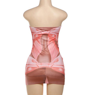 Bowknot print backless contrast tube mini dress