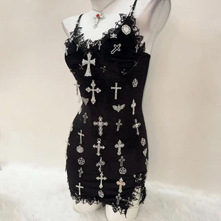 V neck cross applique bowknot cami mini dress