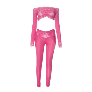 Long sleeve off shoulder see through lace pant set