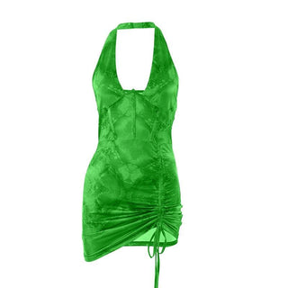 Contrast print halter drawstring backless corset ruched mini dress