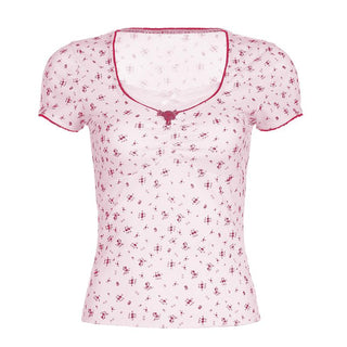 Short sleeve patchwork flower applique print top