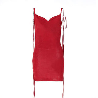 Cowl neck self tie backless ribbon solid mini dress