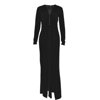 Long sleeve v neck ruched slit solid irregular maxi dress-final-sale