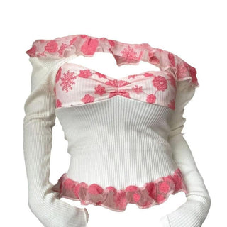 Hollow out ruffle long sleeve off shoulder print cut out top