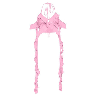 Ruffle halter solid v neck ribbon backless crop top