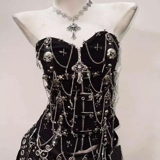 Sweetheart neck metal chain skull applique zip-up top