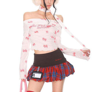 Long sleeve bowknot print ruffle off shoulder top