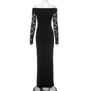 Long sleeve hollow out slit off shoulder lace cut out maxi dress