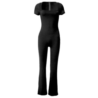 Short sleeve square neck zip-up solid jumpsuit