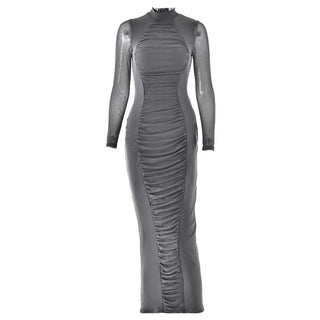 Long sleeve ruched mesh patchwork maxi dress-final-sale