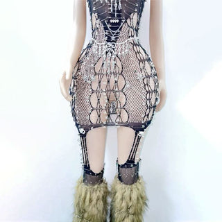 Skull fishnet metal chain suspender mini dress