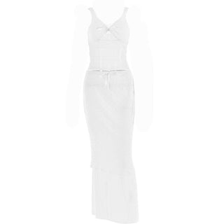 Lace v neck sleeveless hollow out solid patchwork maxi skirt set - Final Sale