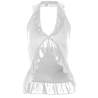 Halter ruffle ruched mesh solid crop top