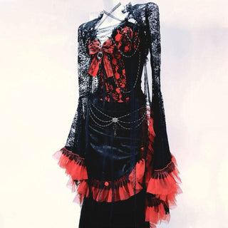 Long flared sleeve lace bowknot pleated maxi dress