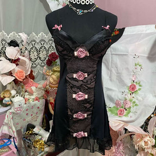 Leopard print bowknot lace hem v neck cami mini dress