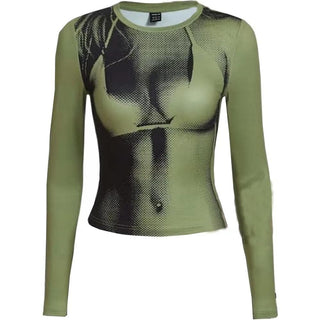 Long sleeve contrast crewneck abstract print top