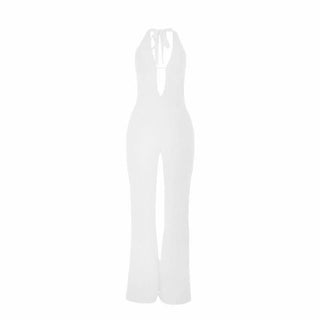 Halter self tie deep V neck lace backless jumpsuit