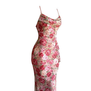 Self tie flower print backless spaghetti strap maxi dress