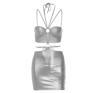 Metallic o ring halter self tie backless hollow out cut out mini dress