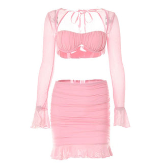 Mesh hollow out solid ruffle long sleeve ruched mini skirt set