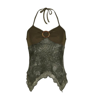 Ruched buckle print mesh ruffle cami top
