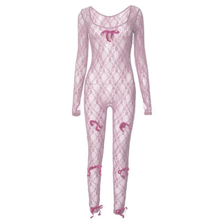Long sleeve see through bowknot lace jumpsuit