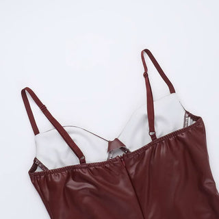 V neck slit zip-up PU leather backless cami midi dress