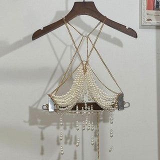 Metal chain beaded hollow out backless cut out top