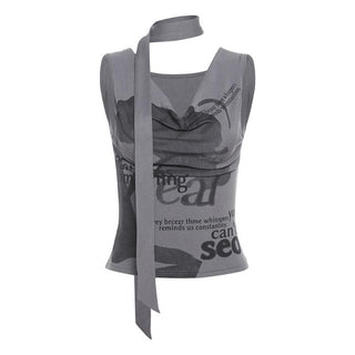 Cowl neck letter print sleeveless contrast crop top