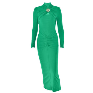 Hollow out long sleeve ruched slit solid cut out midi dress