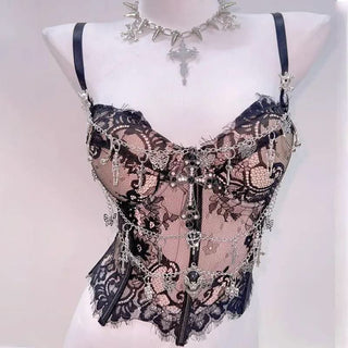 Sweetheart neck lace hem metal chain cami top