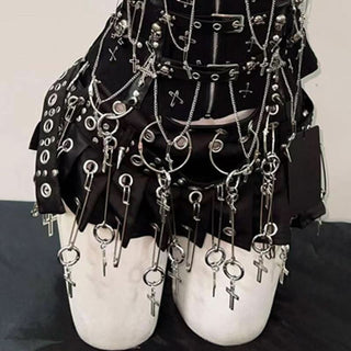 Sweetheart neck metal chain skull applique zip-up top