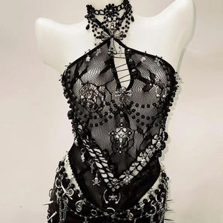 Halter hollow out beaded zip-up mini skirt set