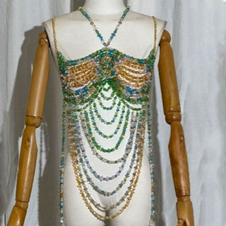 Metal chain halter beaded backless contrast top