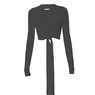 Self tie backless solid long sleeve crewneck top